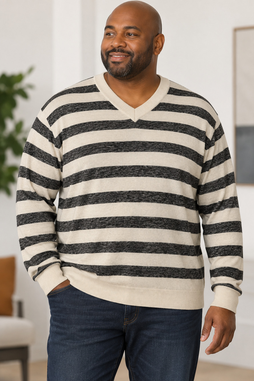 Sean John Men’s 3XL V-Neck Sweater Cream Black Striped Long Sleeve Knit Y2K